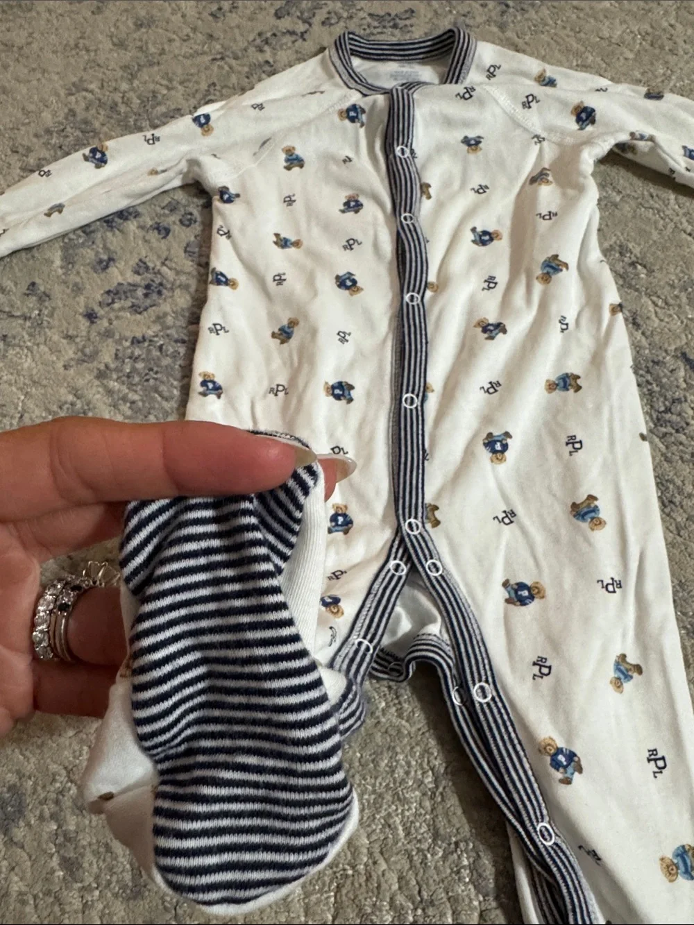 Ralph Lauren Cream Footed One-Piece with Navy Trim and Bear Motif 6 months